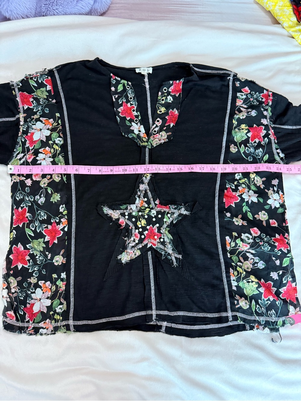 POL Patchwork Bohemian Boho Black Floral Star Pullover Top Size Small - Picture 9 of 11